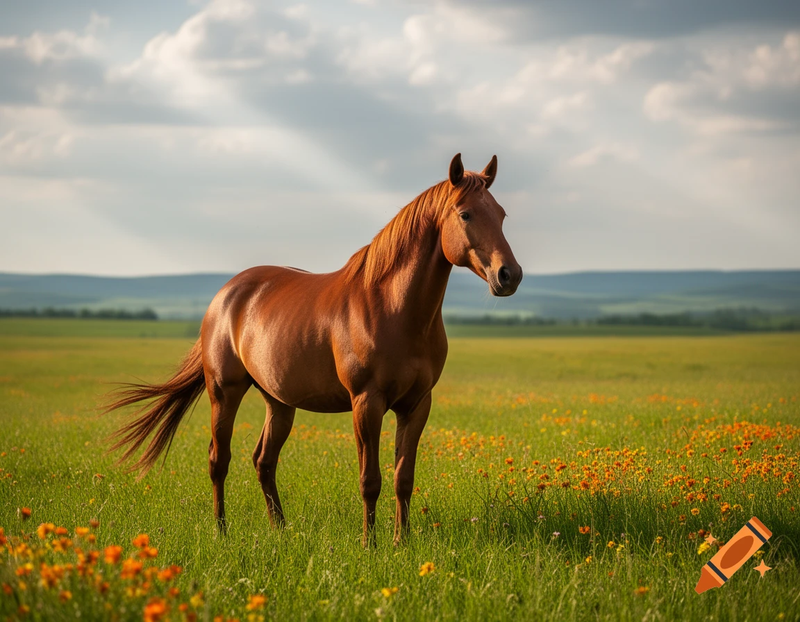 A brown horse stands in a lush green meadow dotted with orange flowers under a cloudy sky.