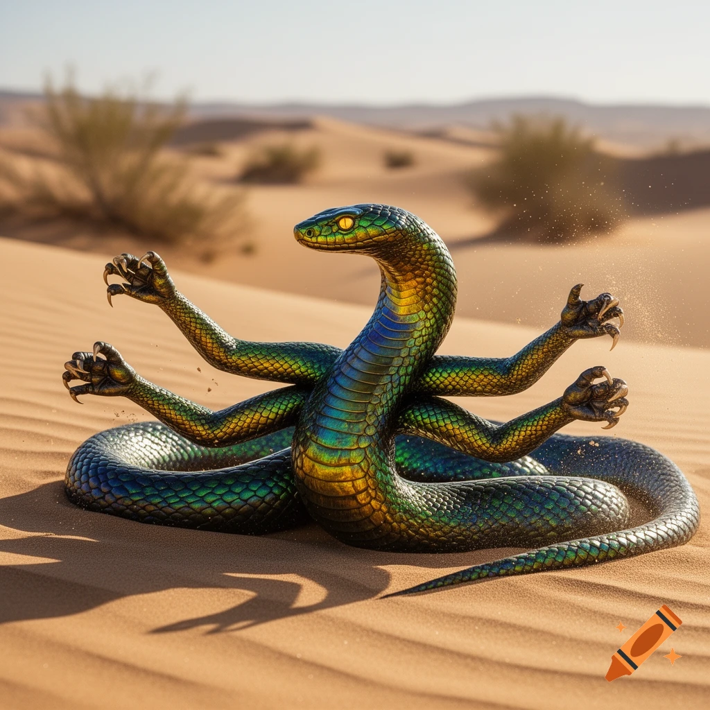 A vibrant, iridescent green and gold snake with six clawed arms sits on sandy desert dunes under a clear blue sky.