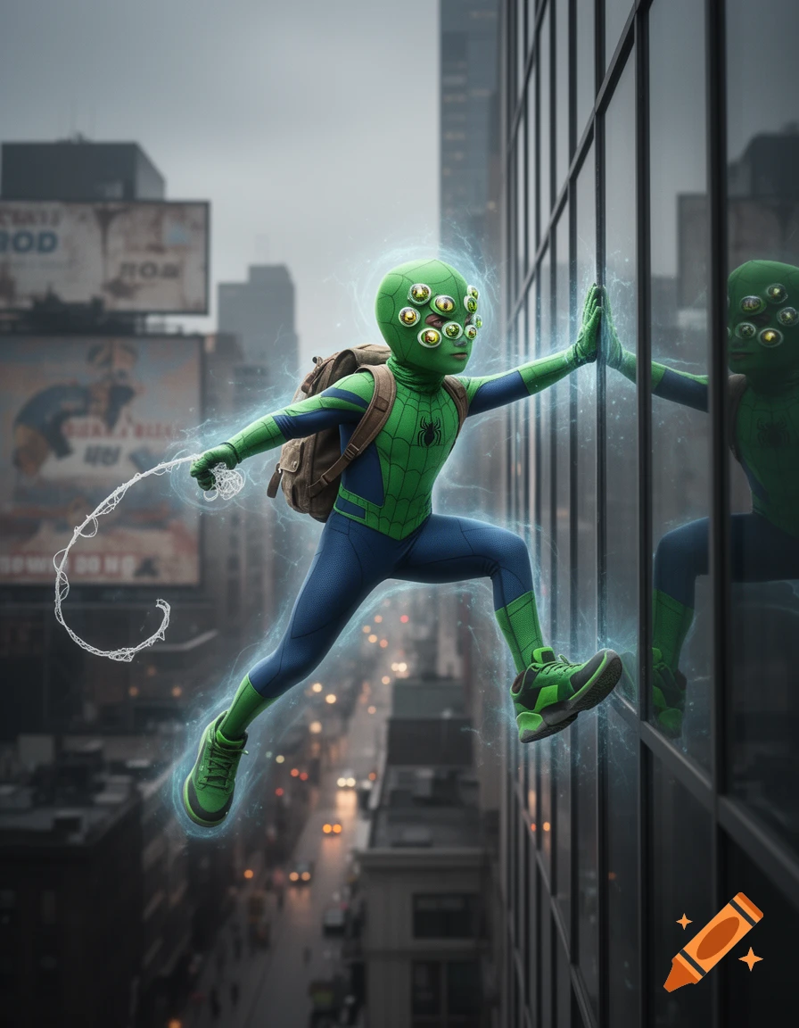 A six-eyed Spider-Man-like character in a green and blue suit with a backpack climbs a skyscraper, shooting a web.