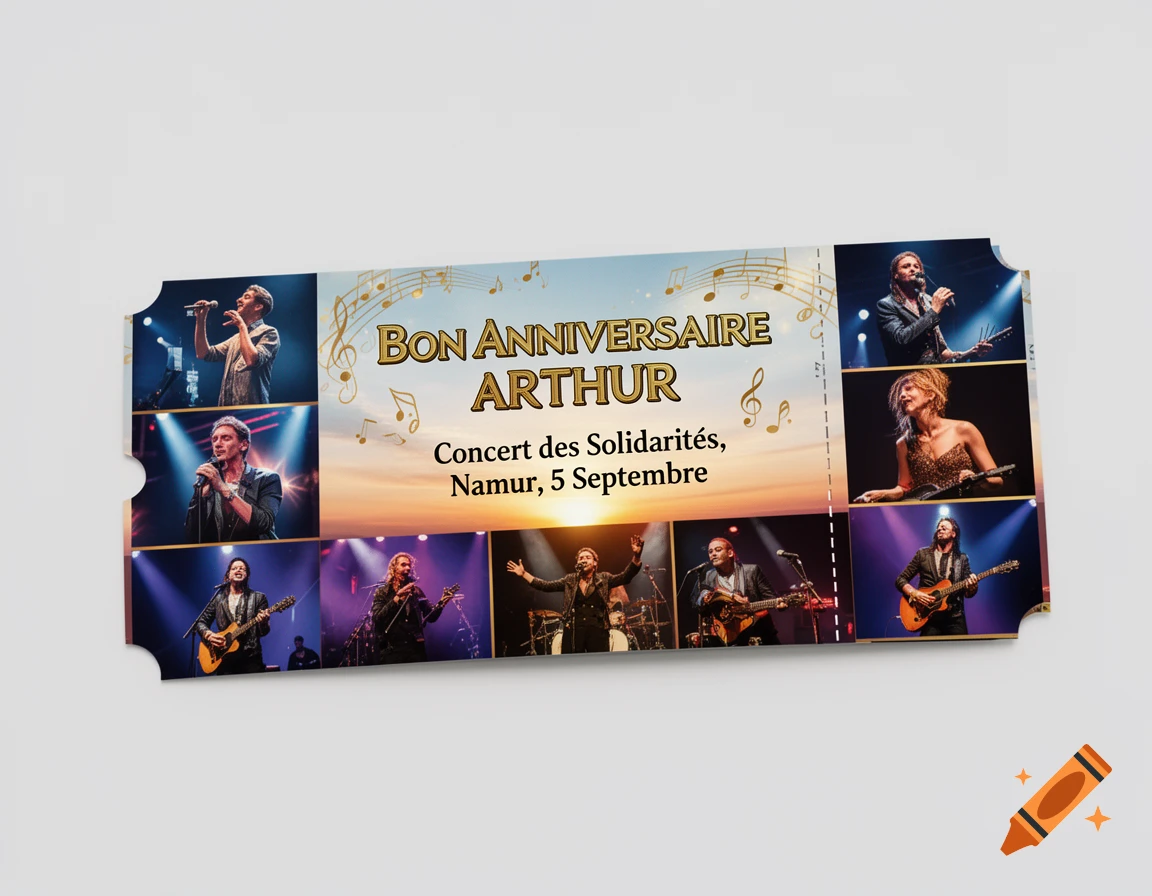 A concert ticket mock-up for Arthur's birthday, featuring a collage of musicians performing on stage.