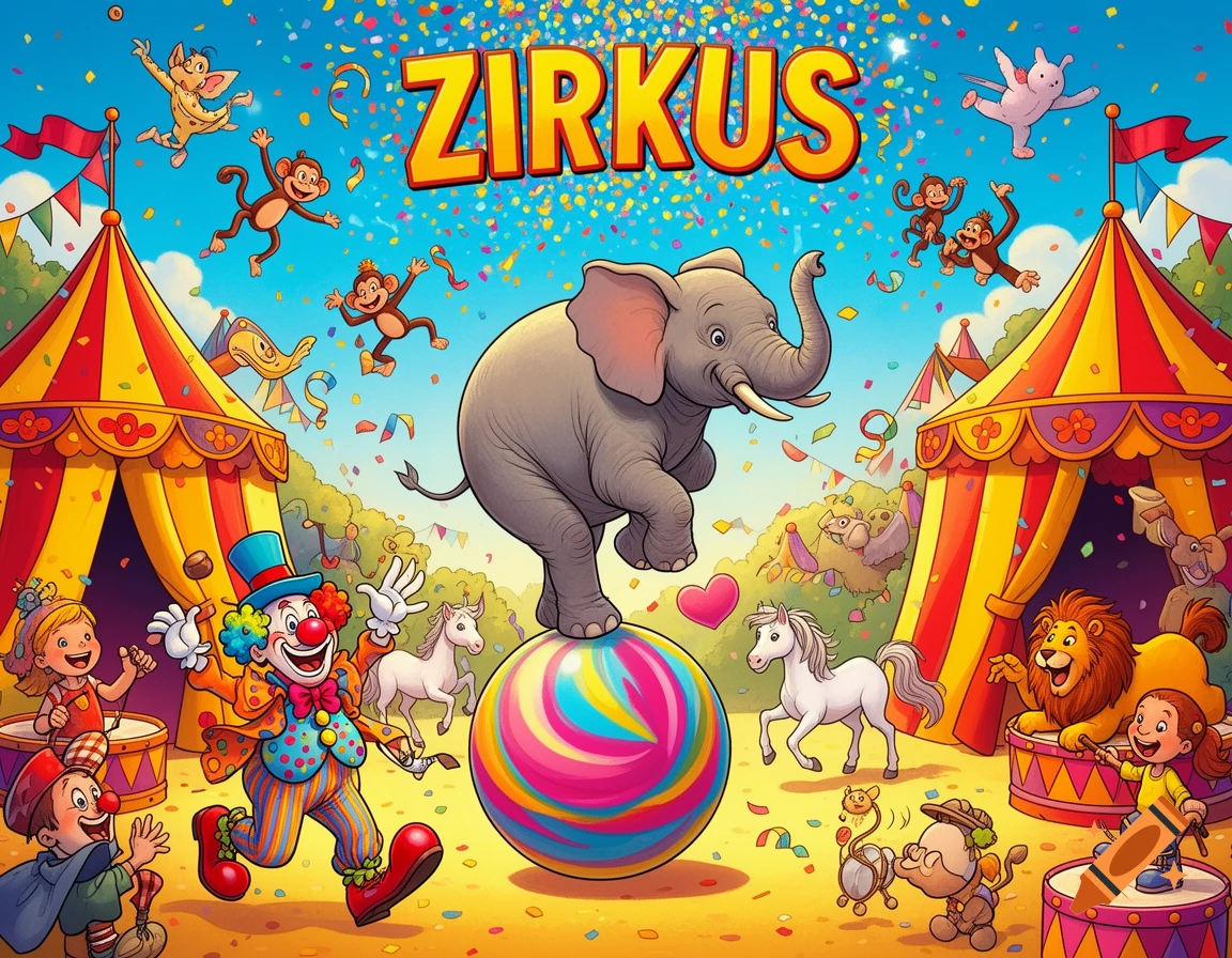 Cartoon circus scene with an elephant on a ball, a clown, children, monkeys, horses, and a lion, confetti in the sky.
