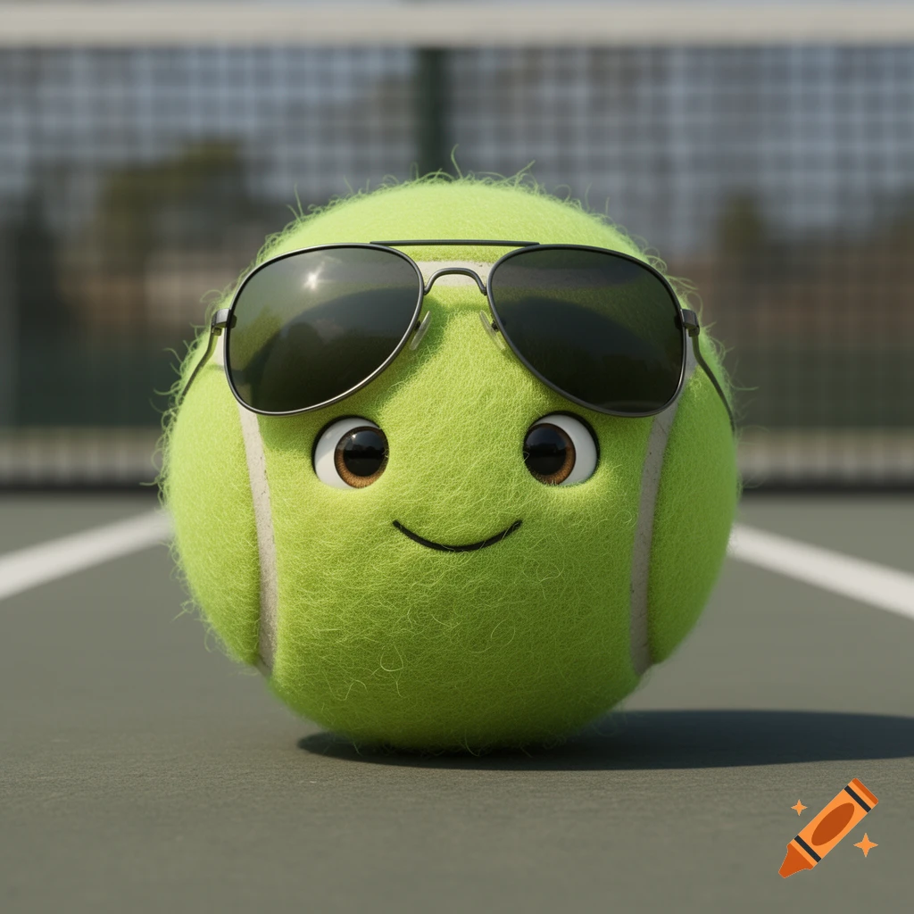A cute, anthropomorphic tennis ball wearing sunglasses on a tennis court.
