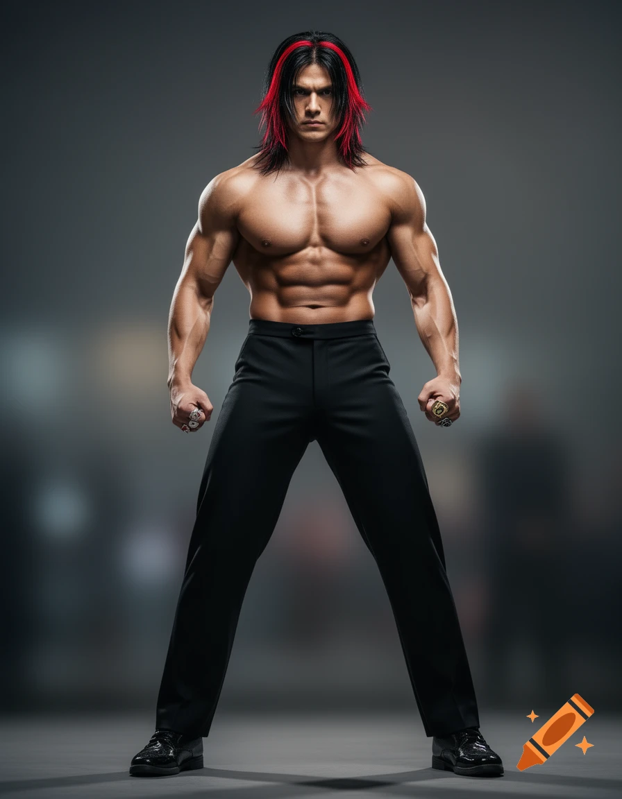 Muscular man with black and red streaked hair, serious expression, shirtless in black pants, posing dramatically in a studio.