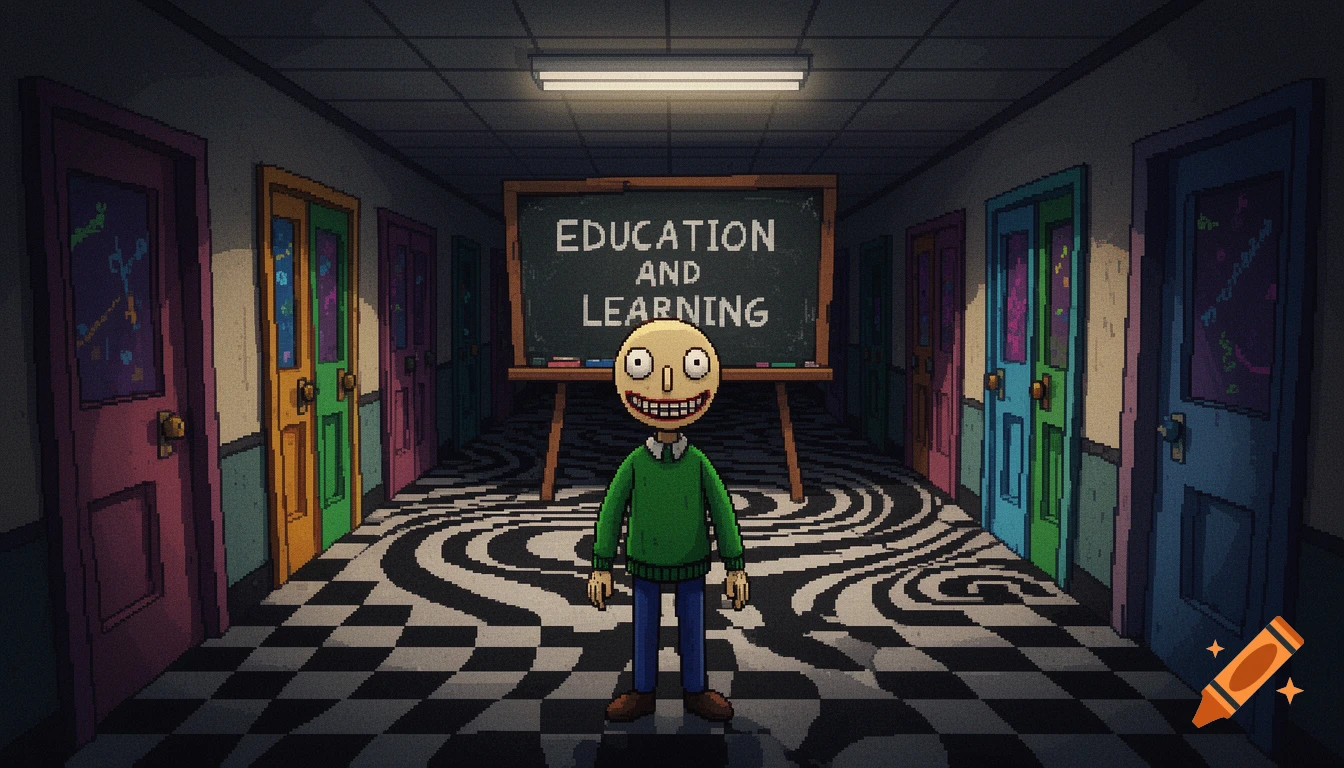 Pixel art of a grinning, bald character in a school hallway with a blackboard reading 'EDUCATION AND LEARNING' and a swirling floor.