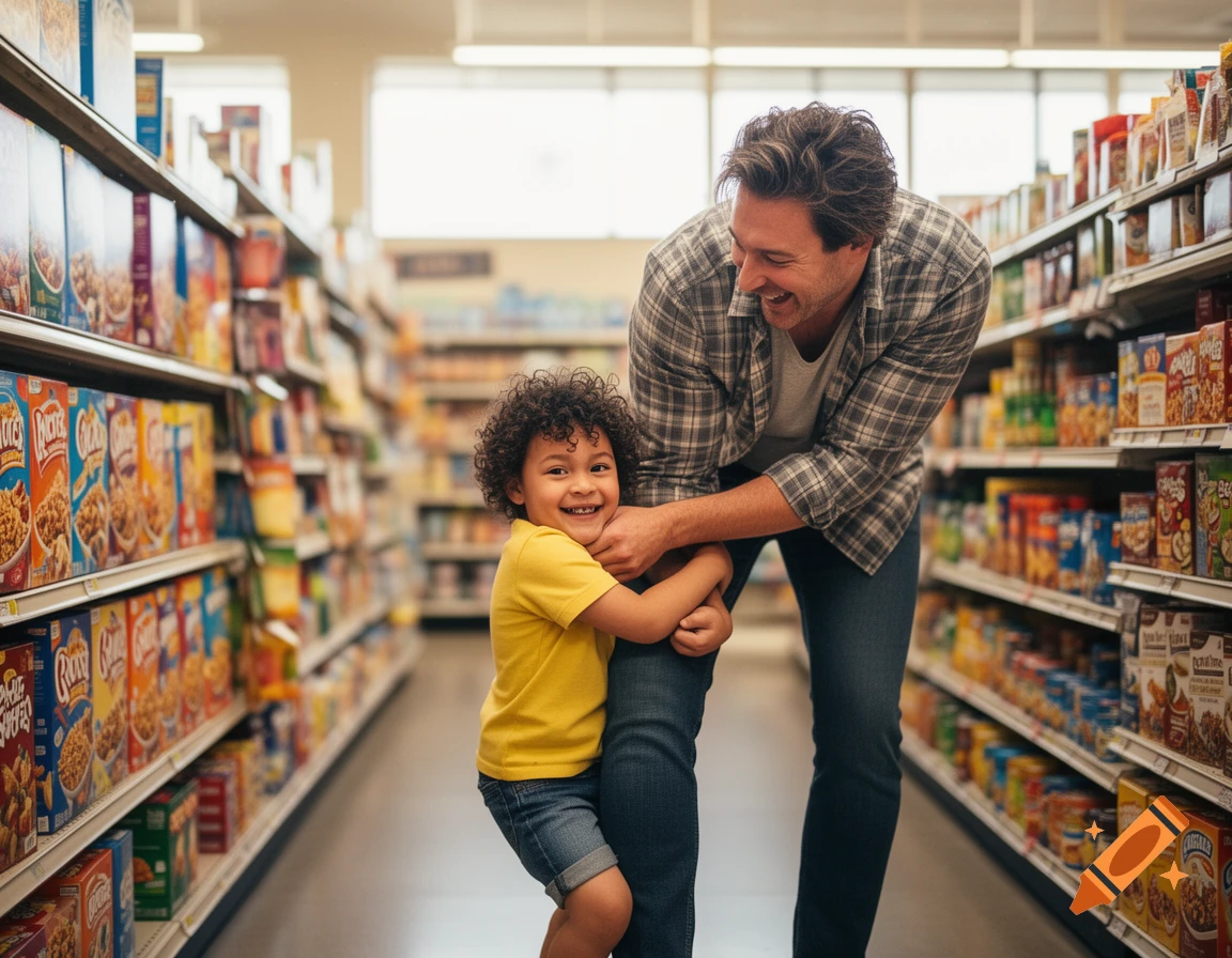 A happy father and child in a grocery store aisle, the child clinging to the father's leg with a big smile.