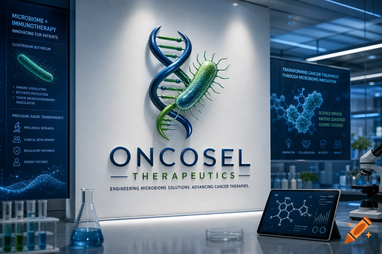 A clean, modern biotech laboratory with glowing screens displaying scientific data and text, test tubes, a microscope, and a 3D logo featuring a DNA helix and a bacterium for Oncosel Therapeutics.