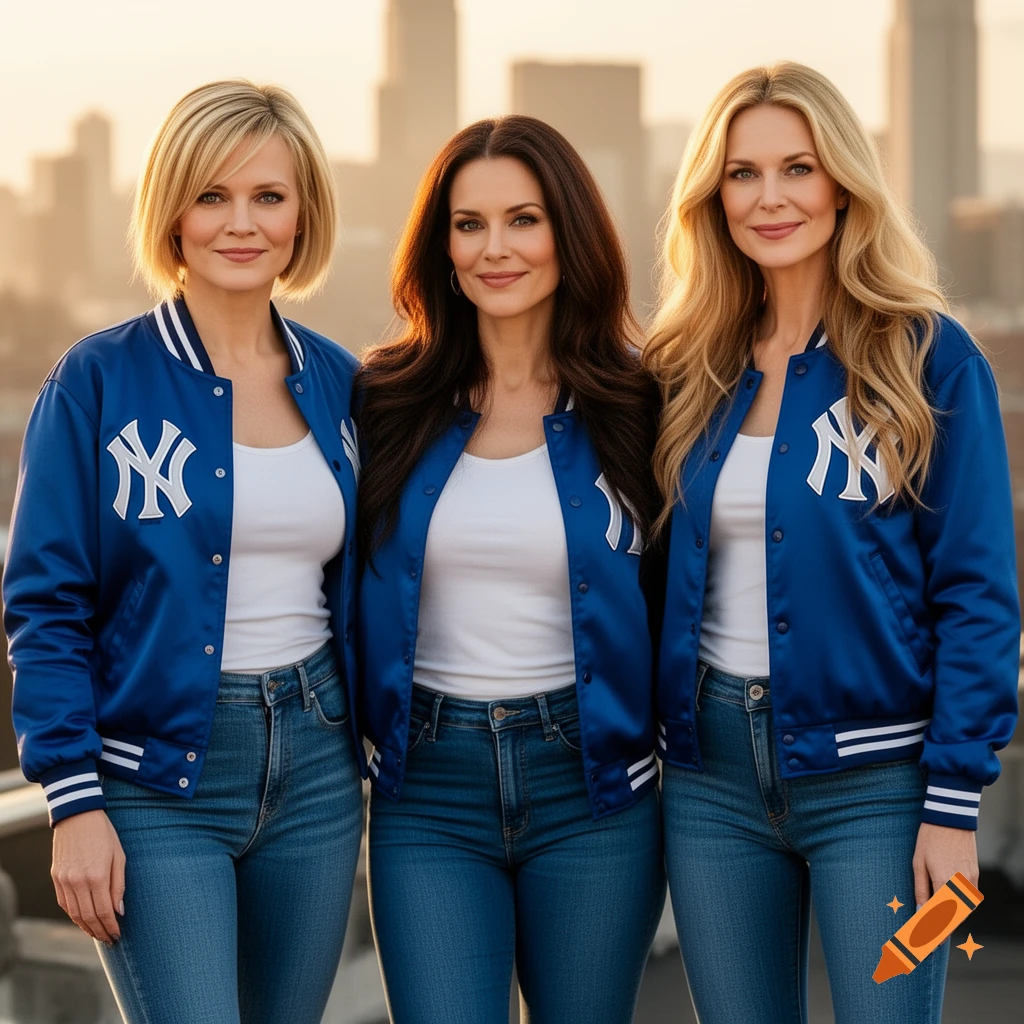 Three women in blue New York Yankees jackets, white tank tops, and jeans stand on a rooftop with a city skyline in the background.