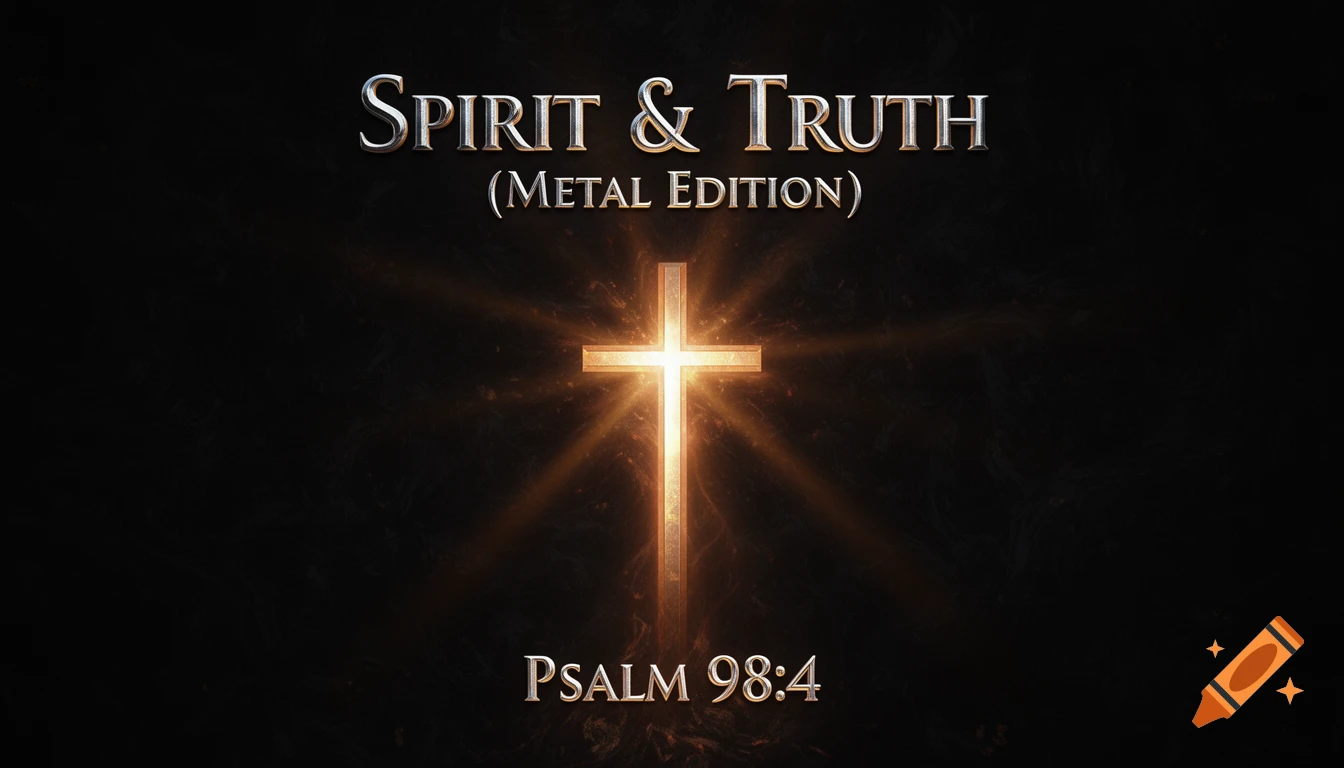 A glowing golden cross on a dark background with metallic text "Spirit & Truth (Metal Edition)" above and "Psalm 98:4" below.
