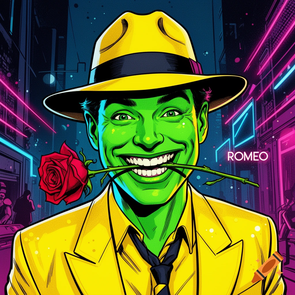 The Mask character with green face, yellow suit, and fedora smiles with a rose in his teeth, against a neon city background with "ROMEO" text in comic art style.