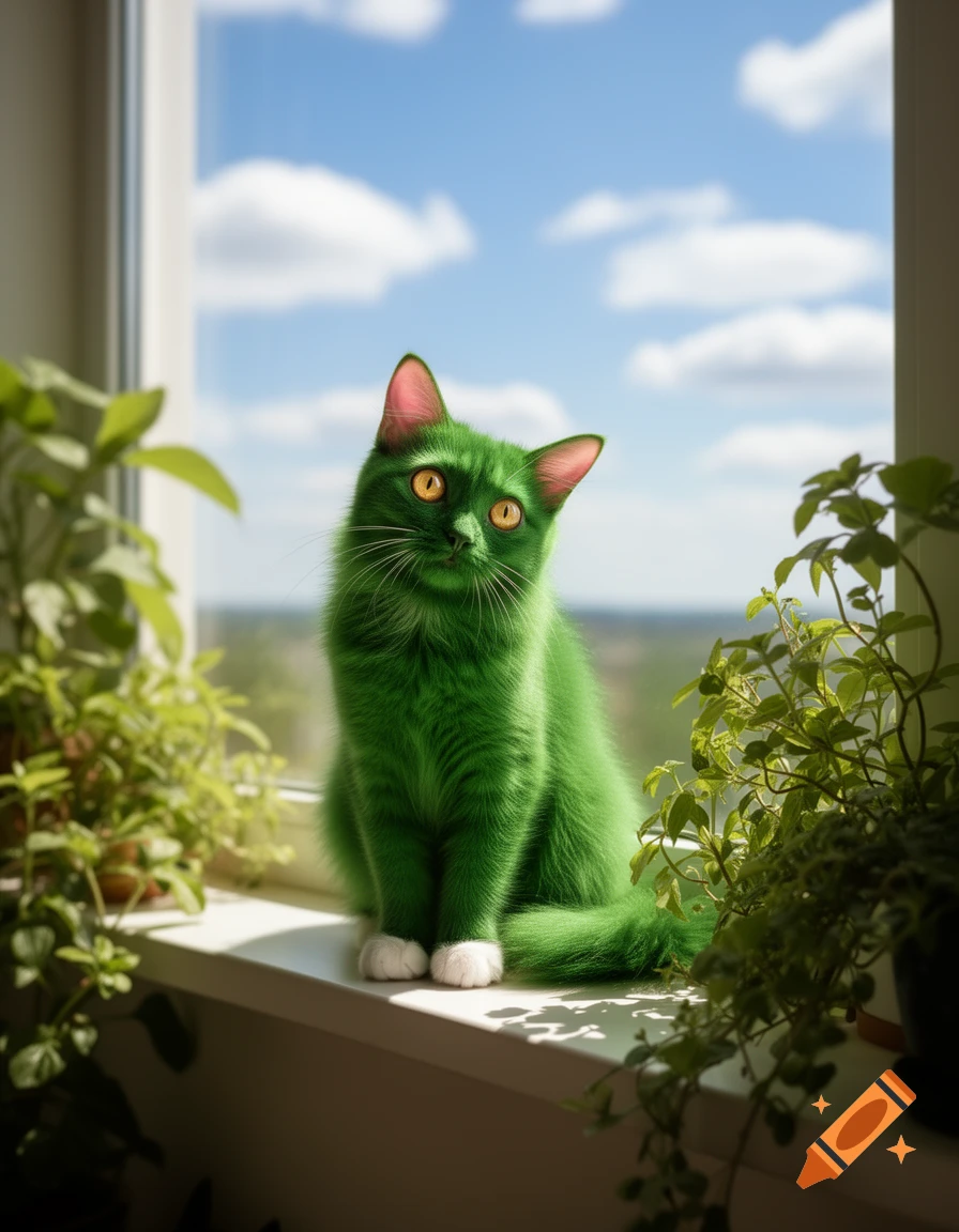 A vibrant green cat with orange eyes sits on a window sill among green plants, looking out at a sunny blue sky with clouds. Photorealistic.