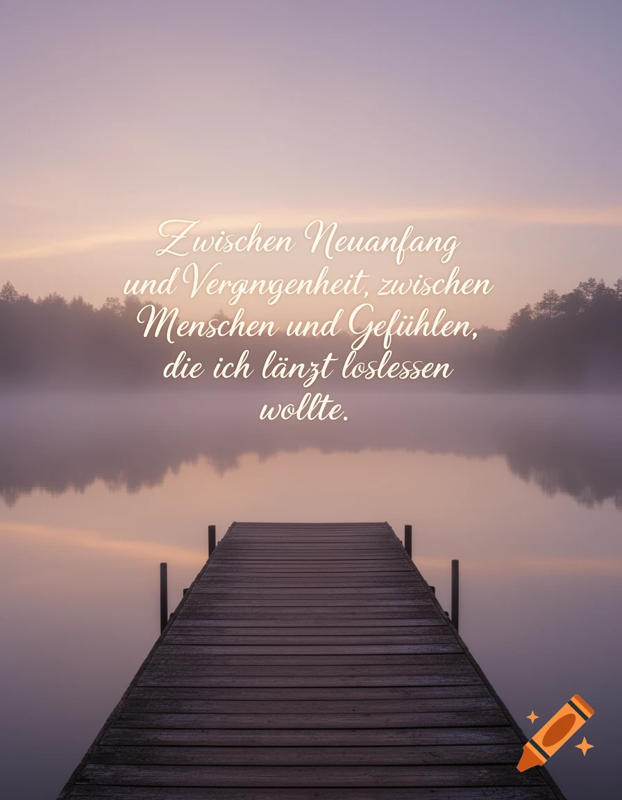A wooden pier extends into a misty lake at sunrise or sunset, with an inspirational German quote overlaid.