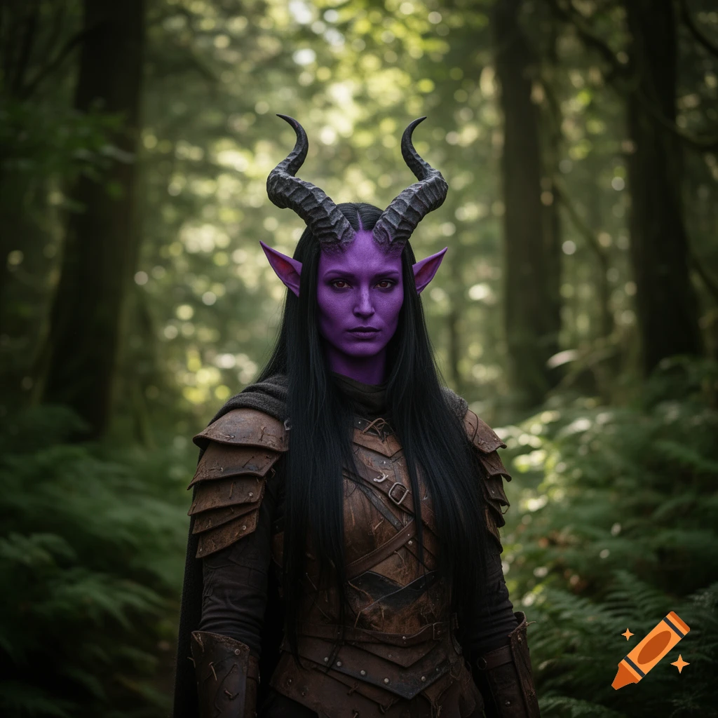 A purple-skinned fantasy character with horns, pointy ears, and black hair, wearing leather armor, stands in a lush forest.