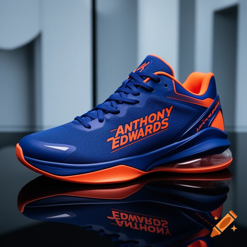 A blue and orange athletic shoe with 'ANTHONY EDWARDS' on the side, on a reflective surface.