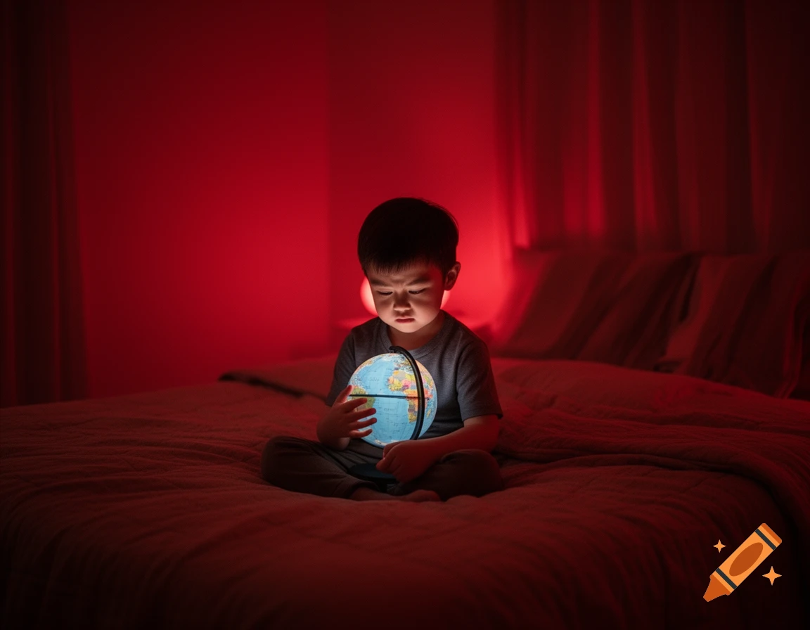 A young boy sits on a bed in a dimly lit, red room, gazing intently at a glowing blue globe held in his hands.