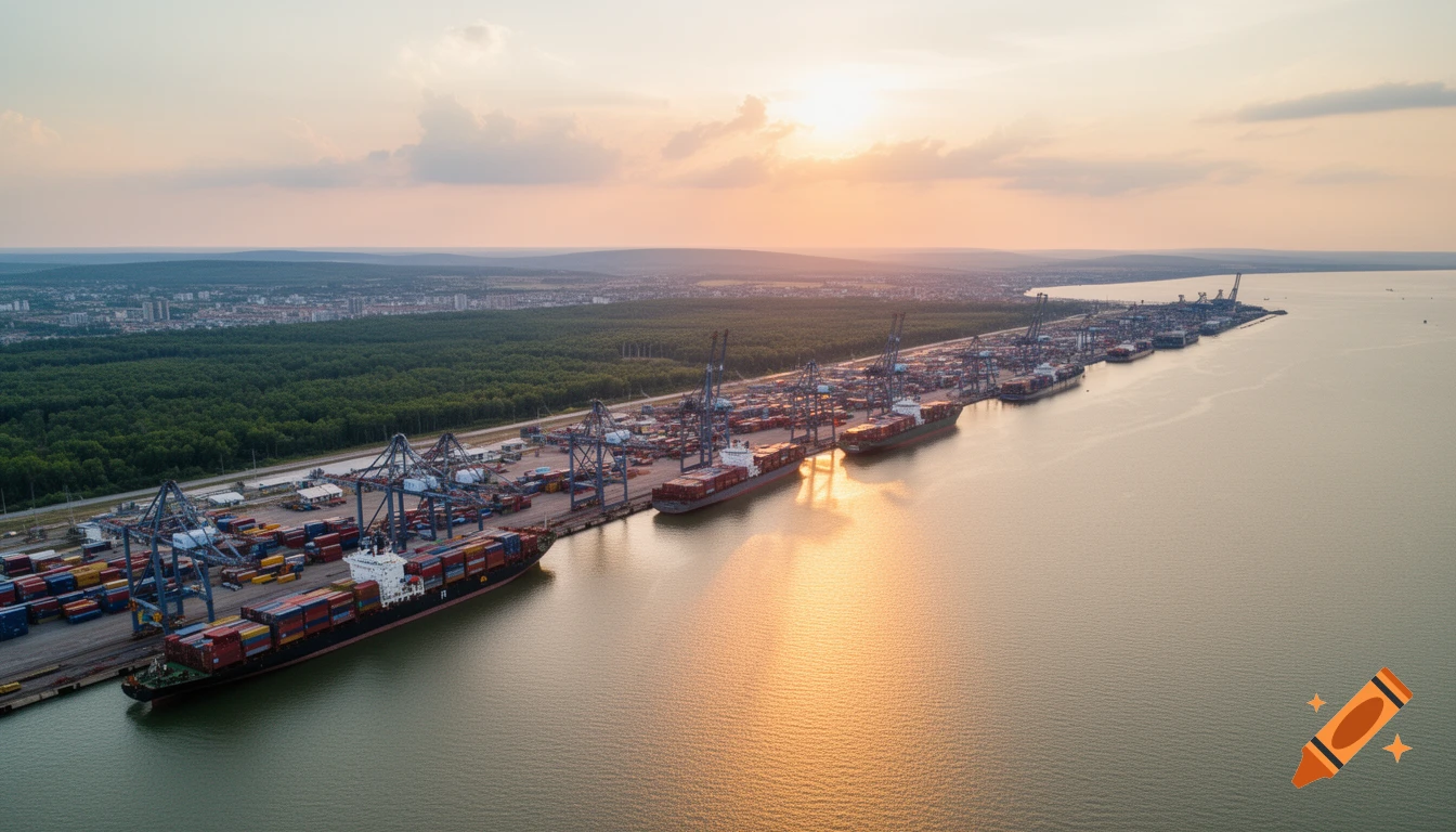 Aerial view of a bustling cargo port with ships and cranes, alongside a forested area and distant city, at sunset.