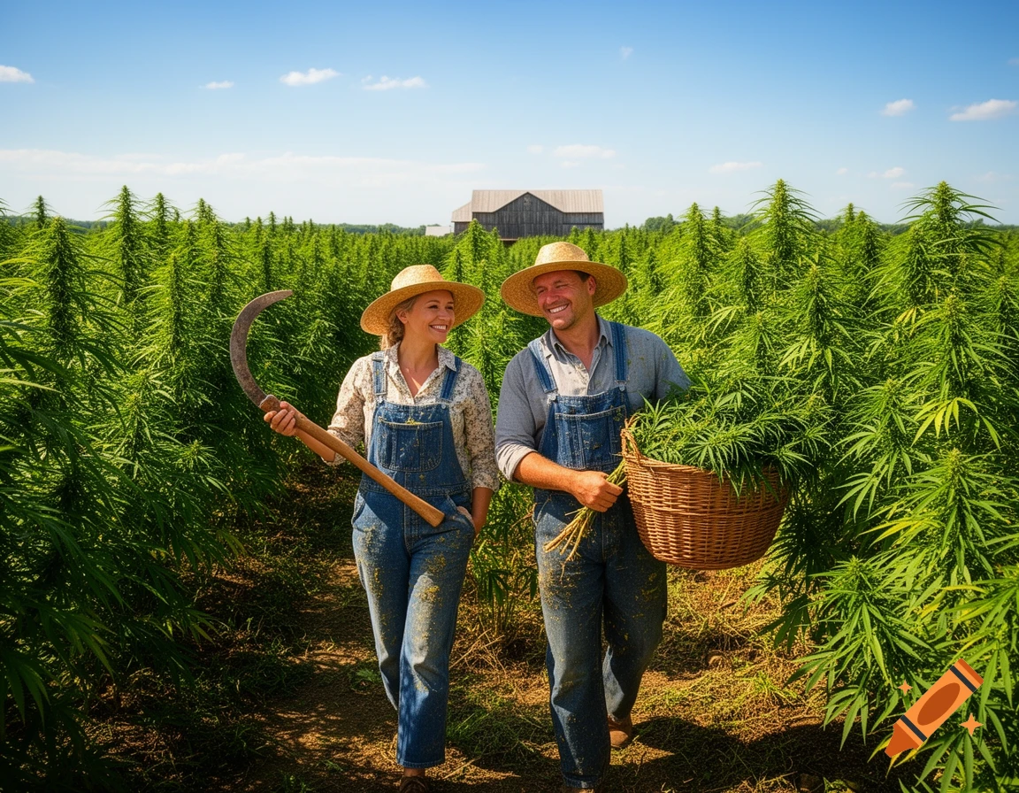 A happy farming couple harvests a lush green hemp field under a clear blue sky, a barn in the background. The woman carries a scythe, and the man holds a basket.