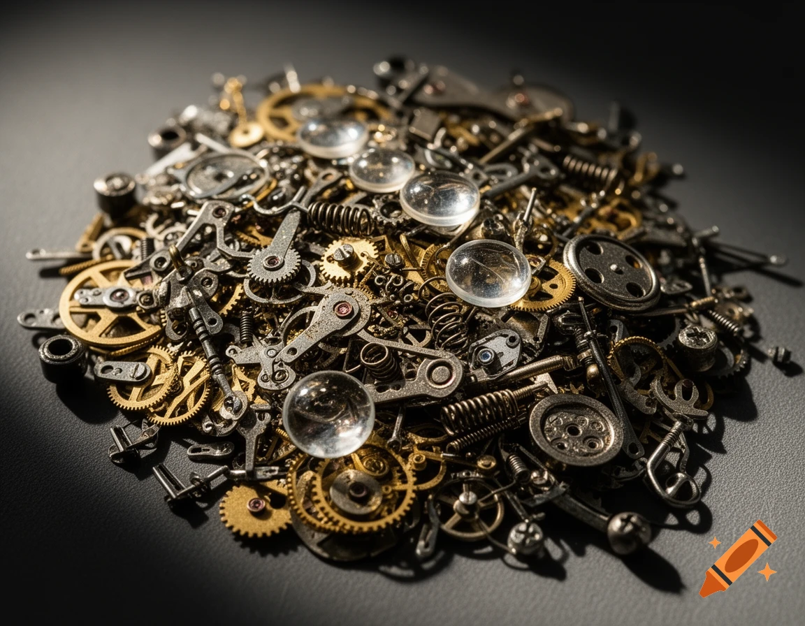 Close-up macro shot of a jumbled pile of tiny disassembled mechanical parts, including gears, springs, and glass lenses, with strong shadows.