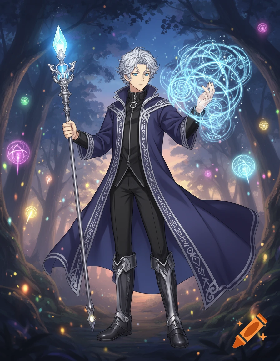 Anime-style male mage with white hair and blue eyes, holding a crystal staff and casting a blue spell in a mystical forest.