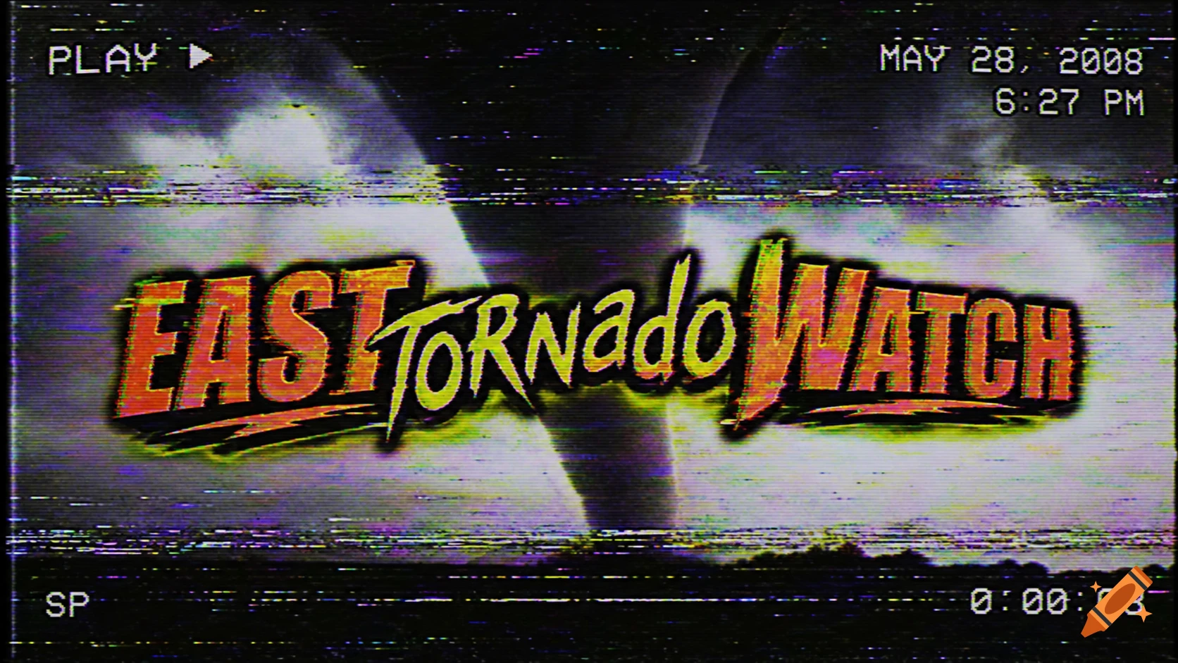 A glitching VHS screen showing a tornado with 'EAST Tornado Watch' text overlay and a timestamp 'MAY 28, 2008'.