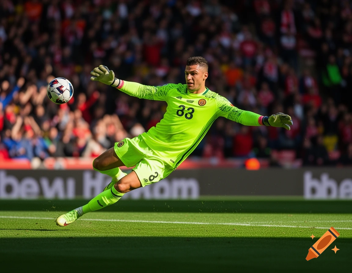 A soccer goalkeeper in a neon green uniform dives to block a ball during a match on a sunny day.