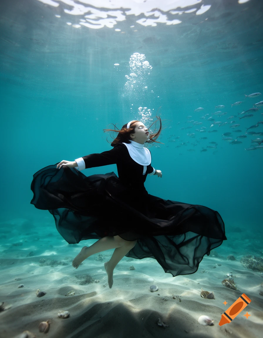 A young nun in a black habit and white coif floats gracefully underwater in a turquoise sea, with small fish and shells on the sandy bottom.