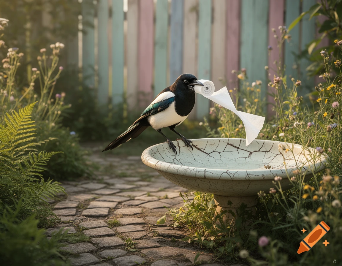 A black and white magpie bird stands on a cracked bird bath, holding a roll of toilet paper in its beak, in a lush garden.