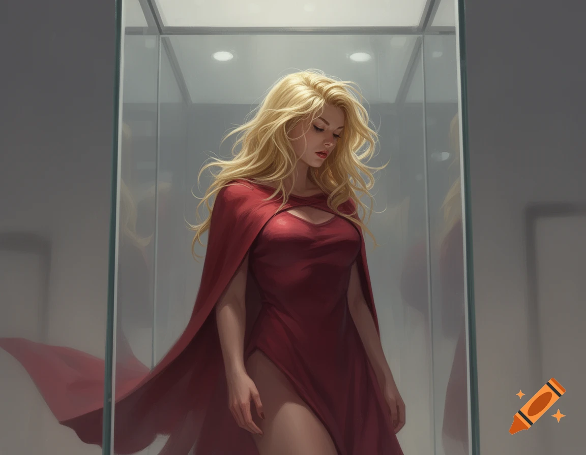 A blonde woman in a red dress and flowing cape stands dejectedly inside a glass display case.