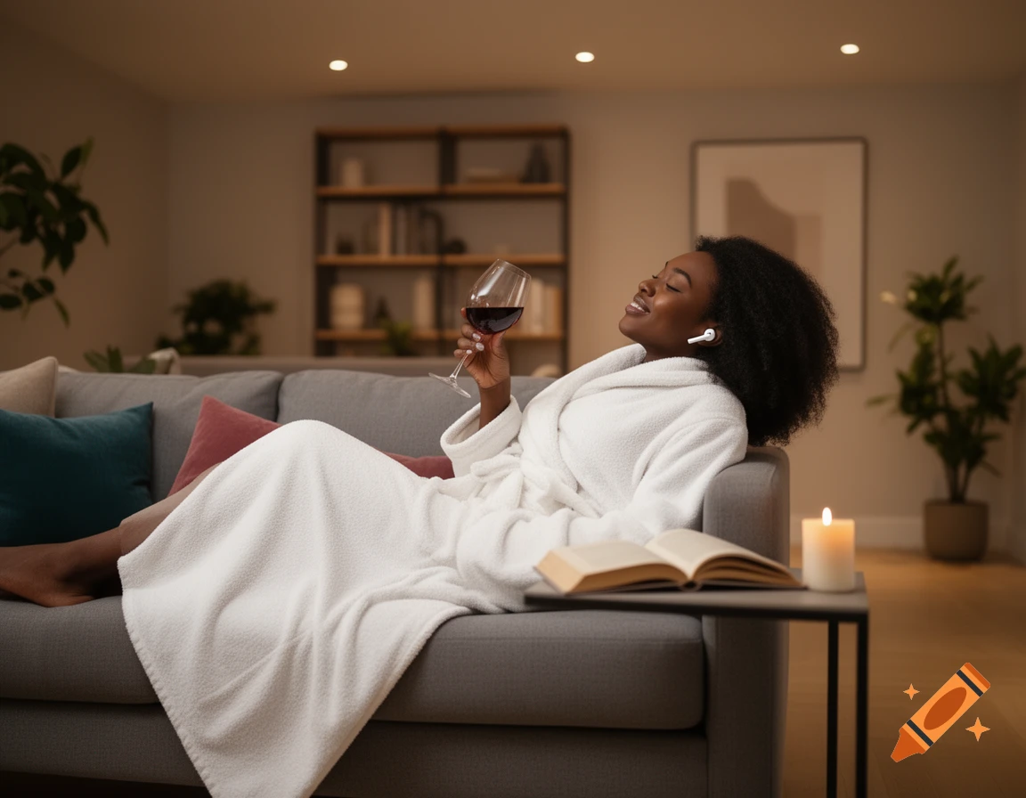 A Black woman in a white bathrobe relaxes on a couch, holding a glass of red wine, listening to music with earbuds, next to an open book and a lit candle.