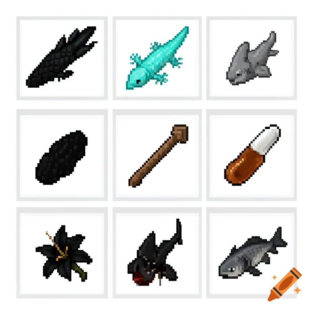 A 3x3 grid of pixel art icons depicting various fantasy creatures and objects, including a black spiky creature, a teal lizard, a gray shark, a black seed pod, a wooden club, a capsule, a black lily, a dark monstrous shark, and a fish.