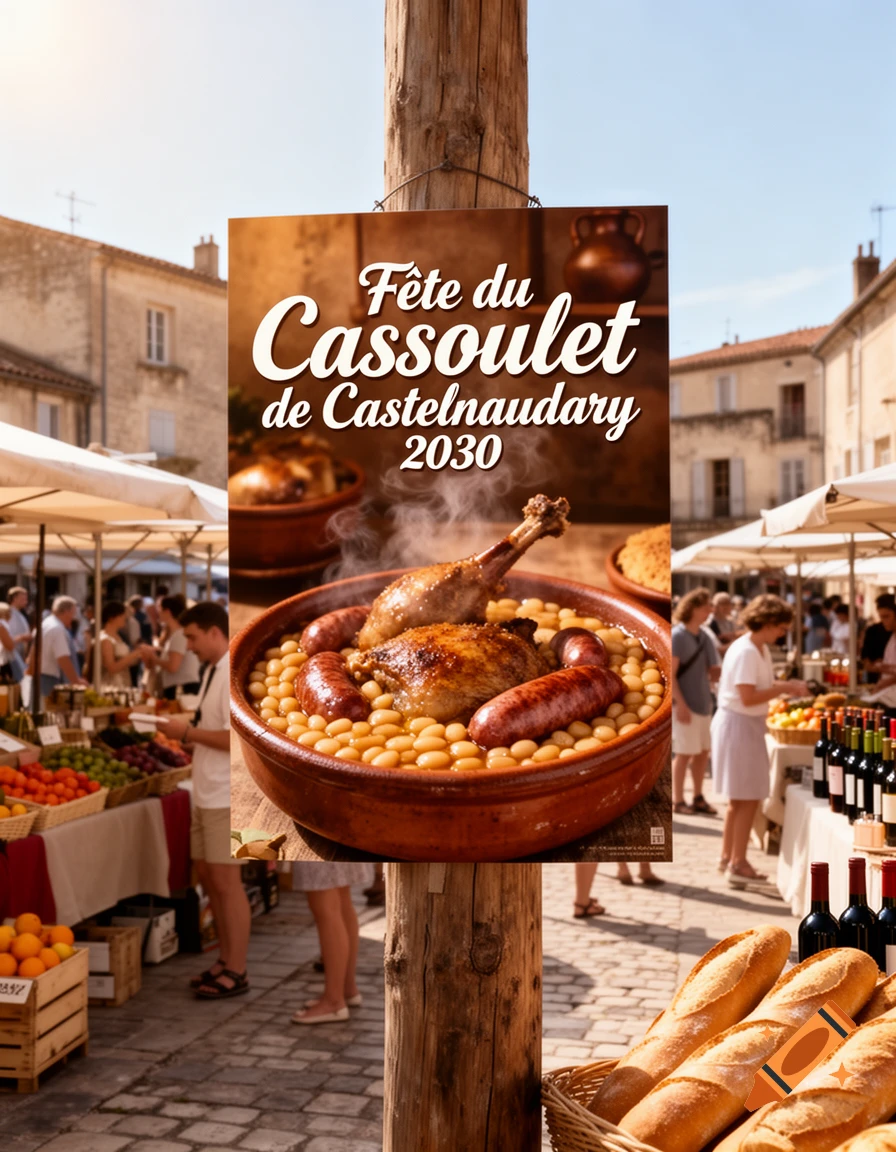 Photorealistic image of a poster for the 'Fête du Cassoulet de Castelnaudary 2030' showing a steaming bowl of cassoulet in a lively market square.