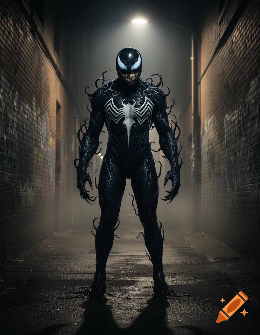 Venom stands menacingly in a dark, graffiti-covered alleyway under a single street light in a photorealistic style.