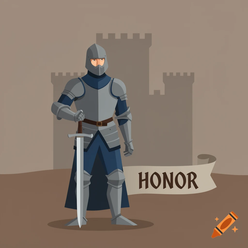 A flat illustration of a medieval knight in blue and gray armor holding a sword, standing before a castle with a banner reading 'HONOR'.