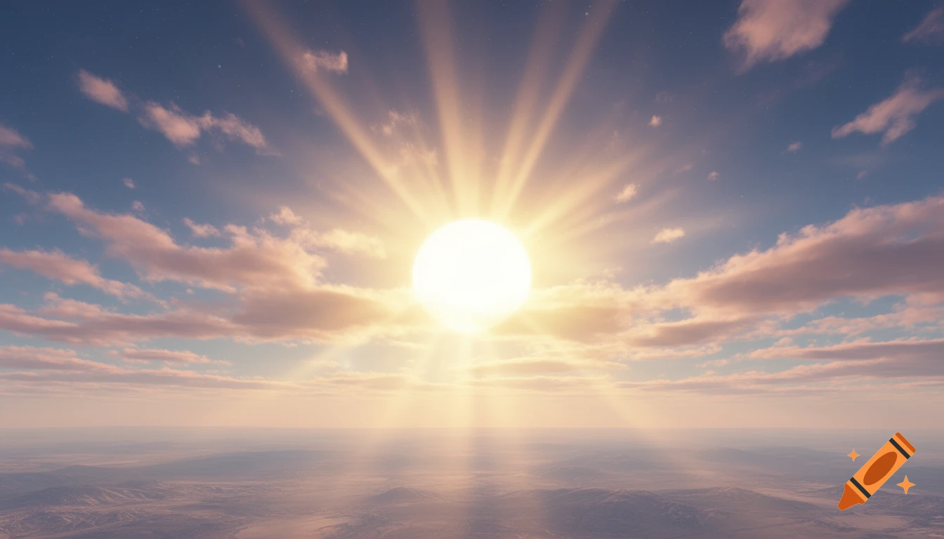 A bright, beacon-like sun shines with rays in a clear blue sky with soft pink and white clouds over a vast, hazy landscape.