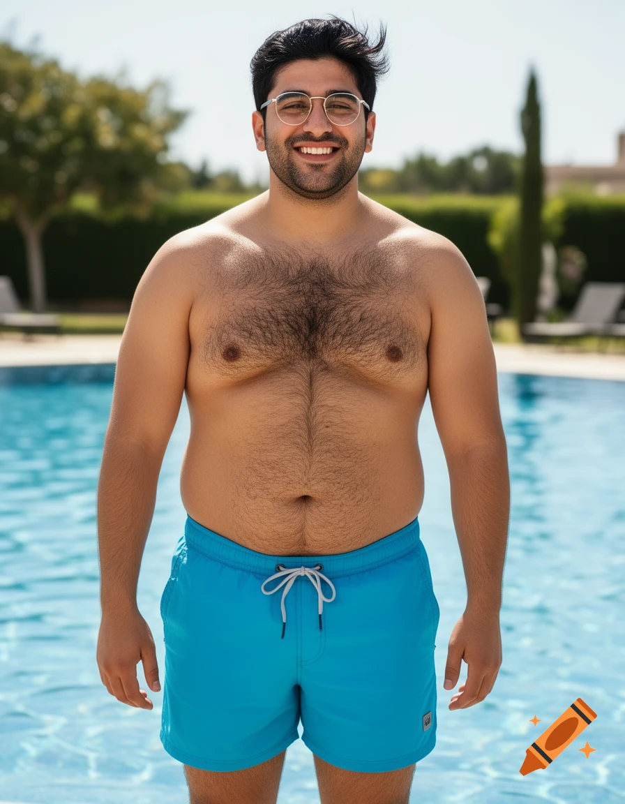 A smiling, hairy-chested man with glasses and blue swim shorts stands by a pool on a sunny day.