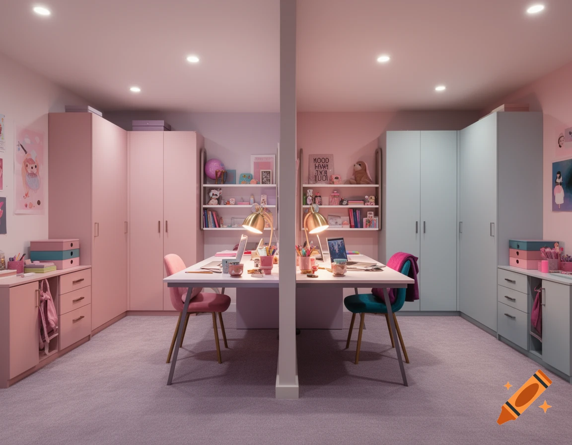Symmetrical teen bedroom with a central divider, one side pink and one light blue, each with a desk, chair, shelves, and wardrobe.