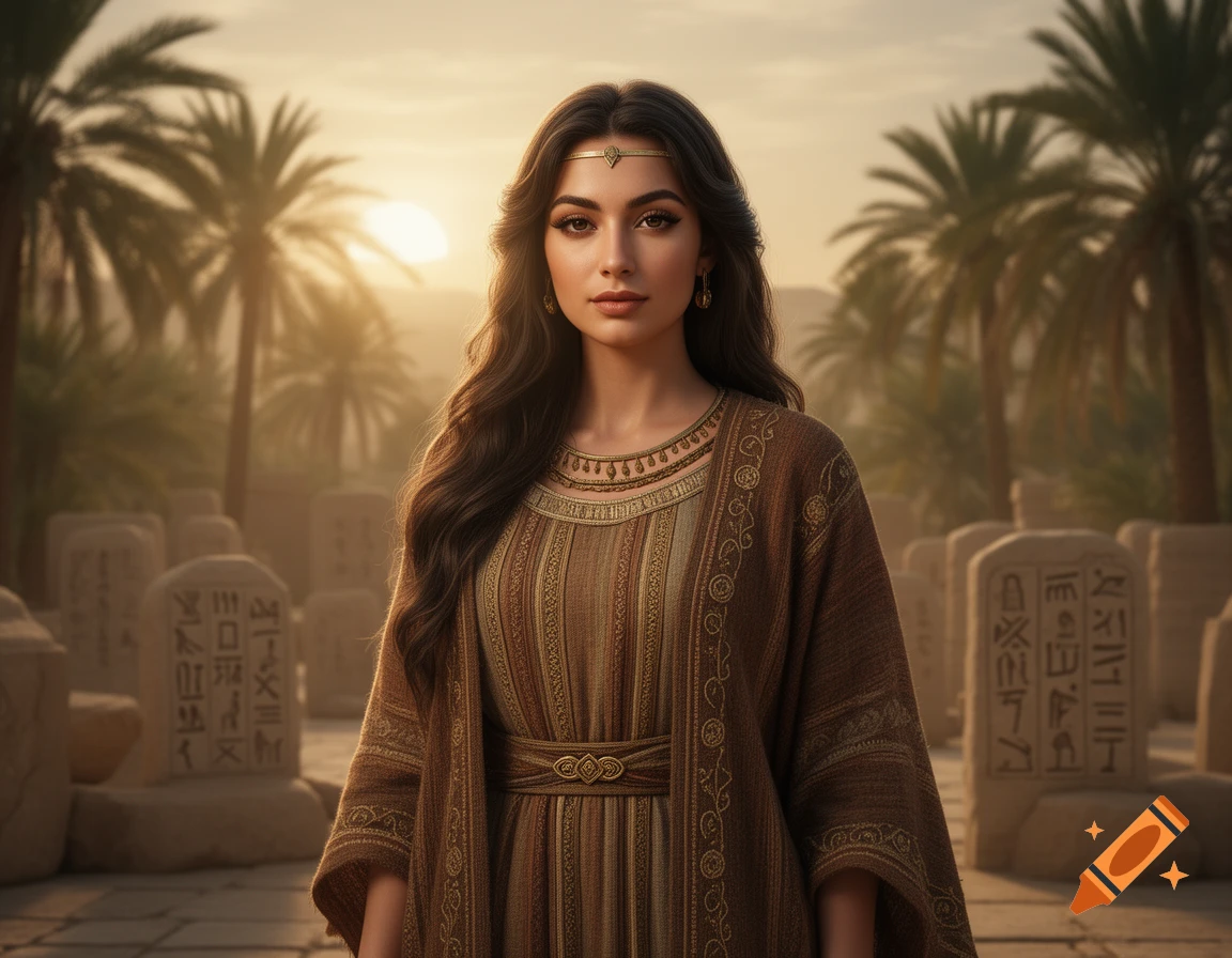 Photorealistic portrait of a woman in ancient attire, standing amidst palm trees and stone tablets at sunset.