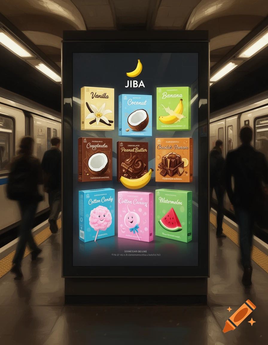 An illustrative advertisement on a screen in a subway station, featuring product boxes for 'JIBA' brand flavors like vanilla, coconut, banana, chocolate, cotton candy, and watermelon. People walk by on the platform.