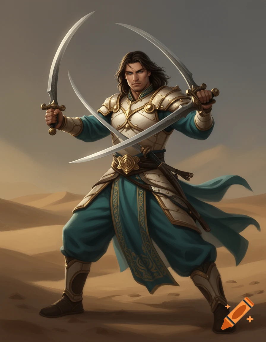A fantasy warrior with dark hair and grey eyes, wearing ornate armor and blue-green robes, wields two curved sabers in a desert.