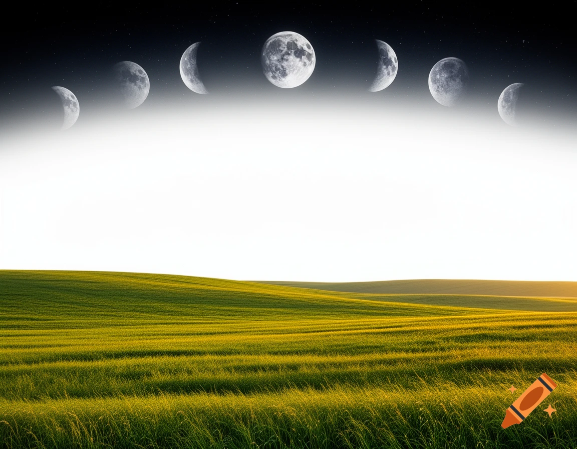 A photorealistic image of a vibrant green field with rolling hills, transitioning into a white sky, which then fades into a dark, starry night sky with seven phases of the moon in an arc.