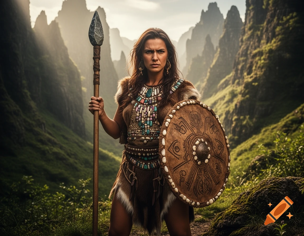 A determined female warrior in prehistoric fur and bead armor, holding a spear and decorated shield, stands in a lush mountain valley.
