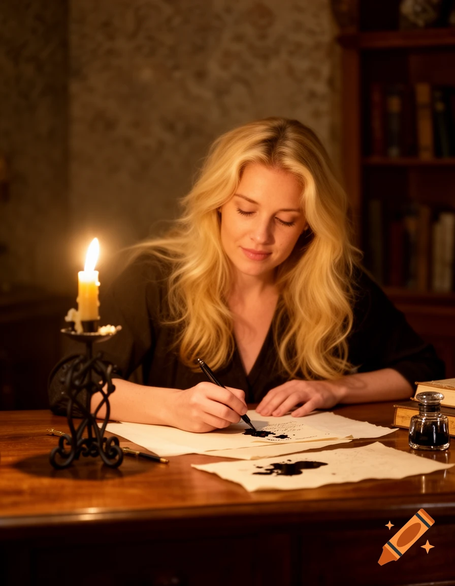 Blonde woman writing with a quill pen by candlelight at a wooden desk with ink spills, in a dimly lit room.