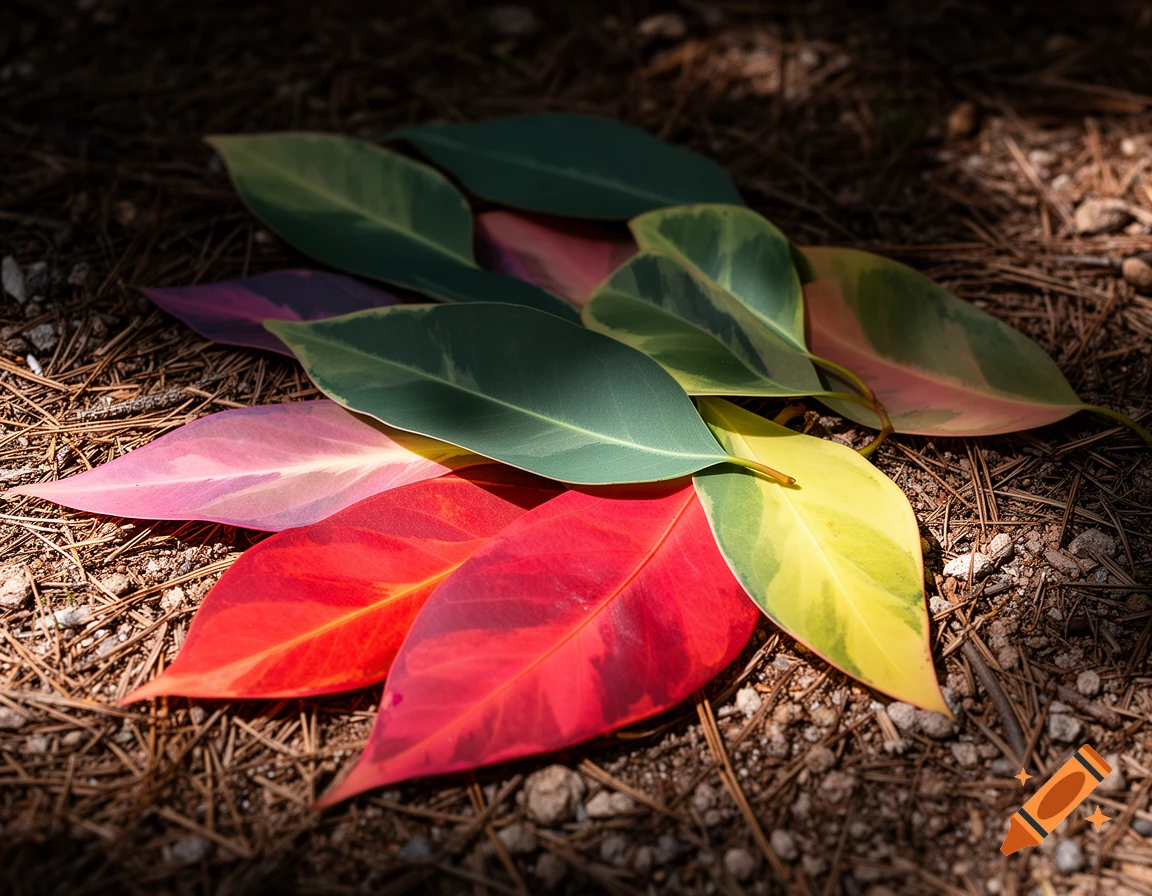 Close-up of colorful eucalyptus leaves, including red, pink, yellow, and green, lying on a forest floor.