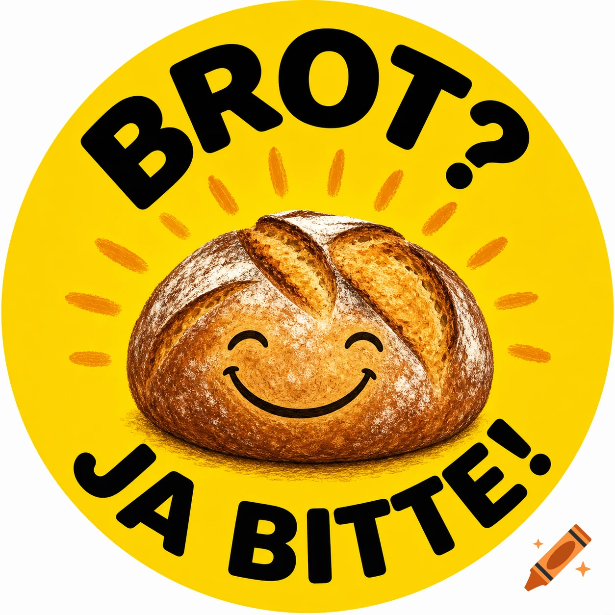 A yellow circular logo features a happy cartoon loaf of bread with sun rays, and the black text 'BROT? JA BITTE!'.