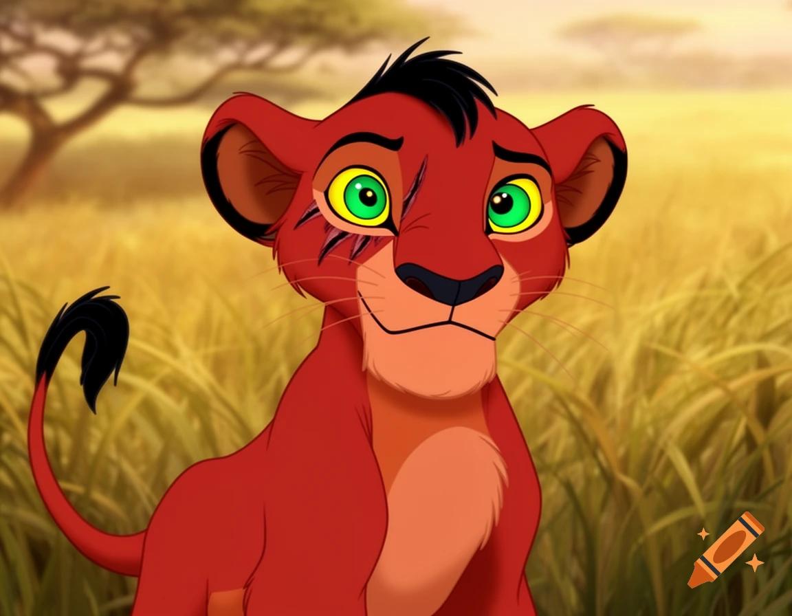 A red-brown cartoon lion cub with emerald green eyes, black hair, and a fresh scar on its face, standing in a savanna.