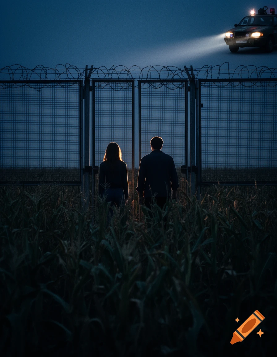 Two silhouettes, a man and woman, stand before a barbed wire border fence at twilight, emerging from a cornfield, with a patrol car's headlights in the distance.