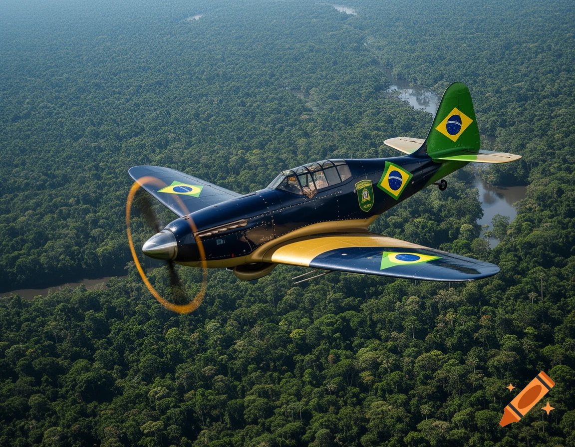 A dark blue and gold Brazilian World War 2 era plane with a spinning propeller flies over a dense green forest with rivers below.