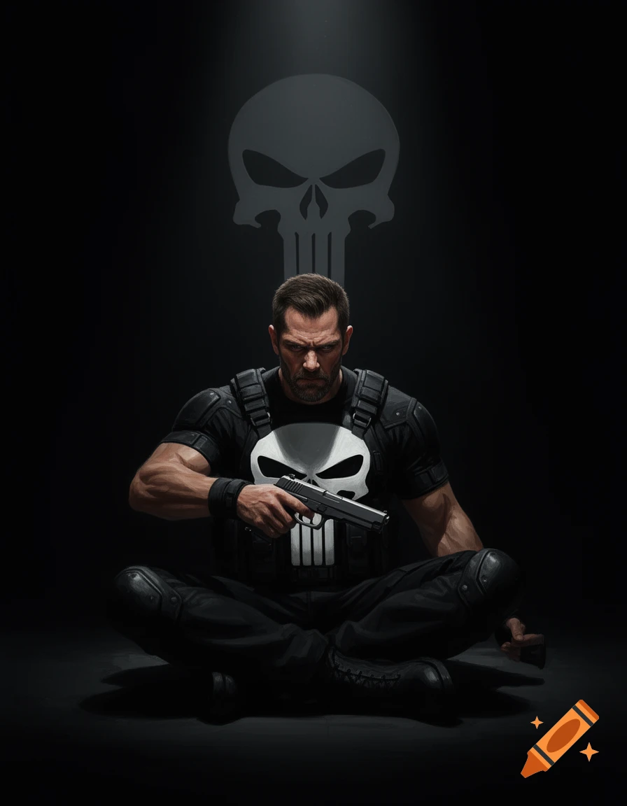 Jon Bernthal as The Punisher sits cross-legged, holding a pistol, against a black background with a large skull logo.