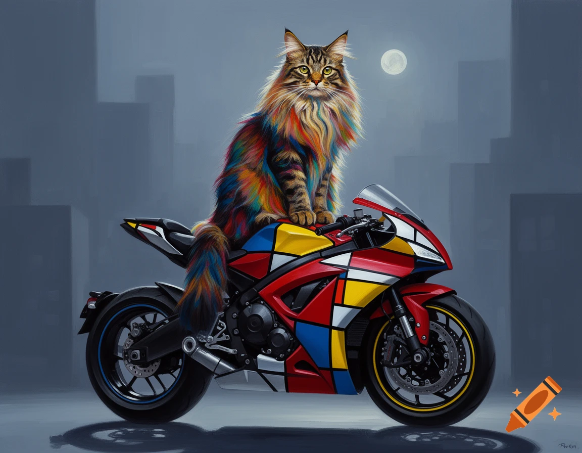 A vibrant, long-haired cat with rainbow fur sits on a Mondrian-style motorcycle under a full moon in a city. Painting.