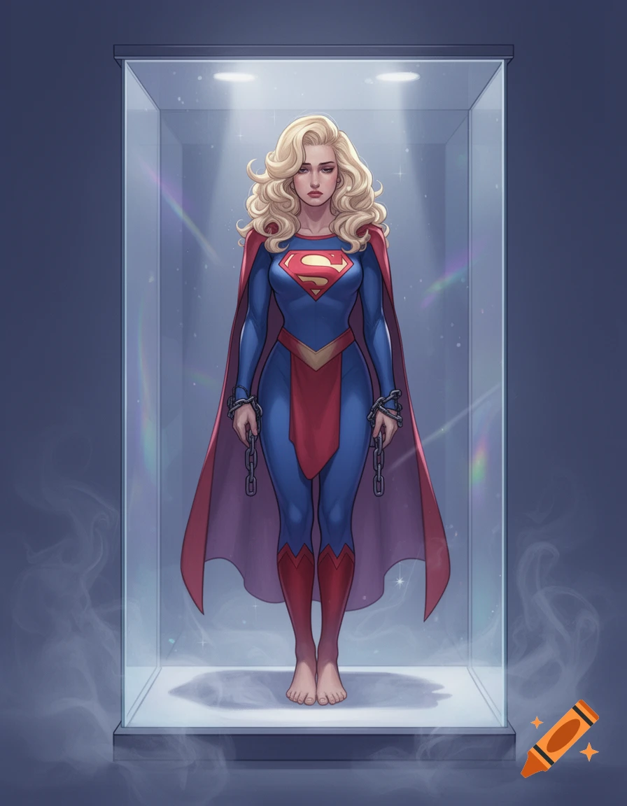 Comic illustration of a defeated, chained Supergirl with blonde hair, barefoot in a glass display case, looking melancholic.