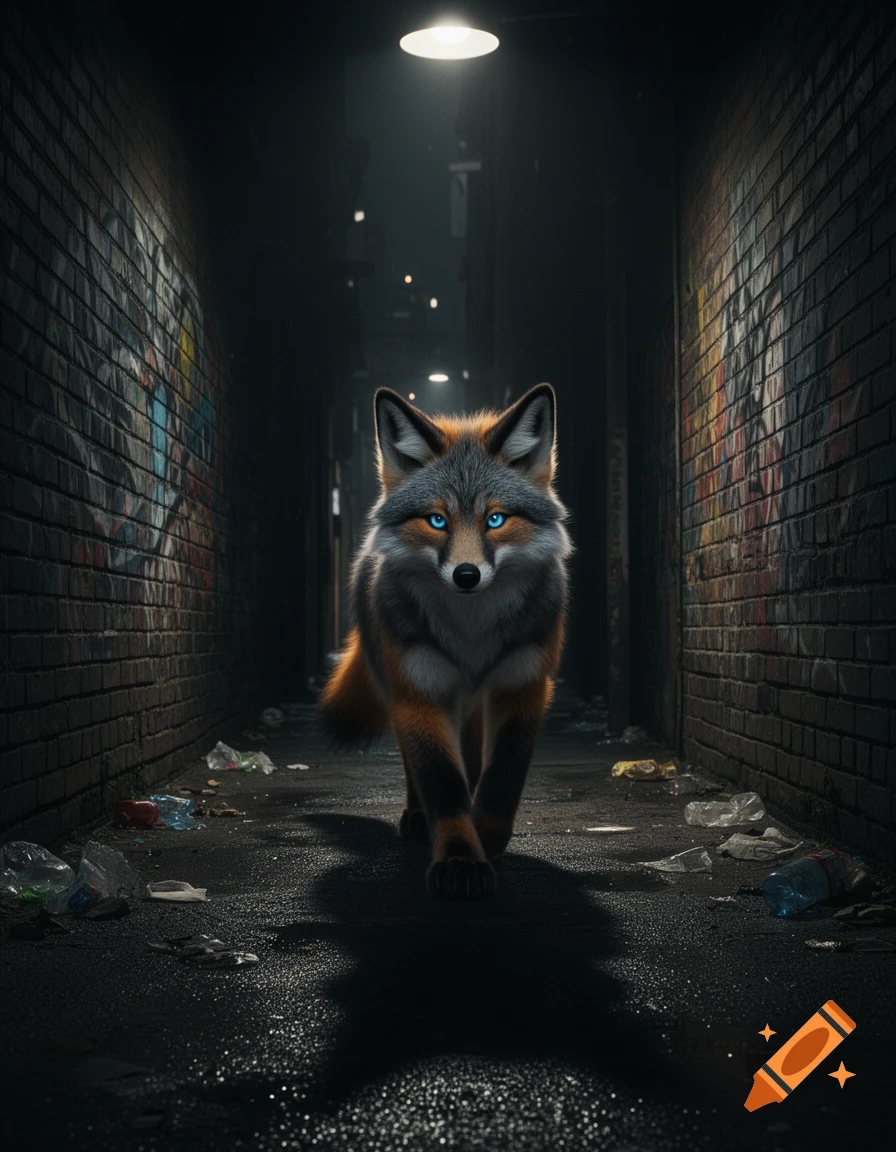 A fox-like creature with glowing blue eyes walks down a dark, wet urban alley filled with trash and graffiti, lit by an overhead light.